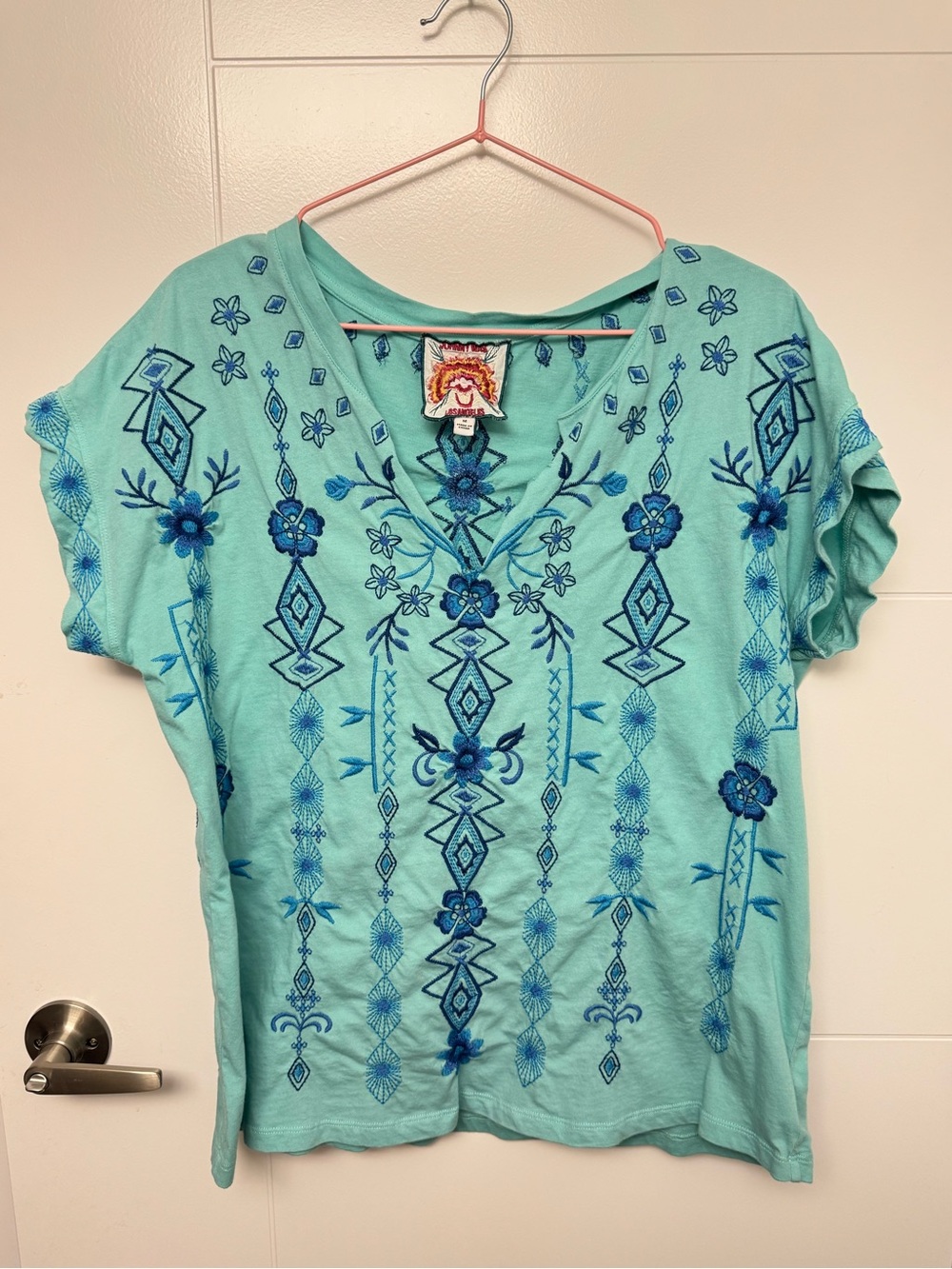 Johnny Was Aqua Blue Floral Embroidered V Neck Boho Top Size M